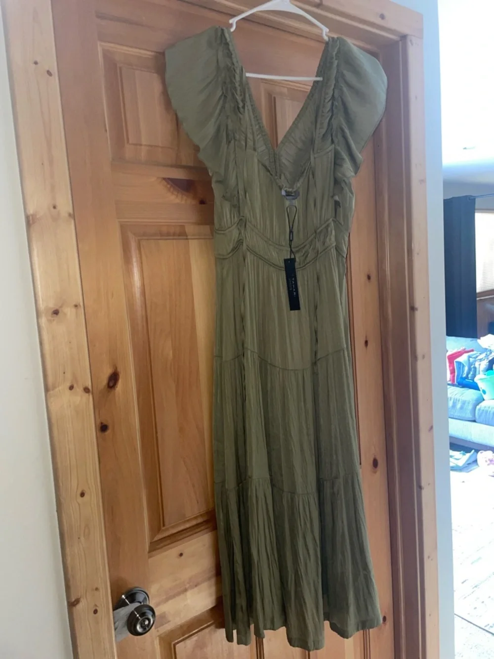 T Tahari Olive Green Ruffle V-Neck Tiered Maxi Dress - Picture 2 of 4